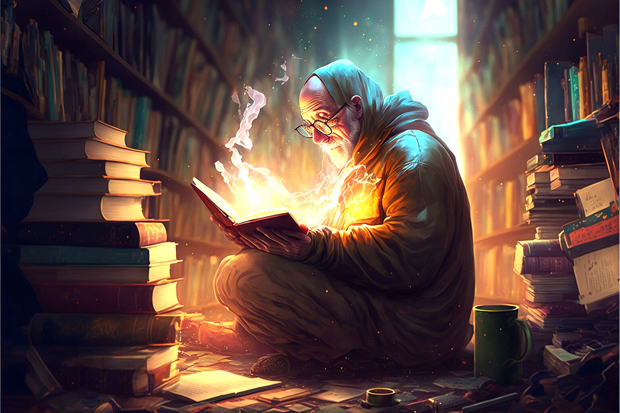 Картинка нейросети Старик с магической книгой в библиотеке (0465)